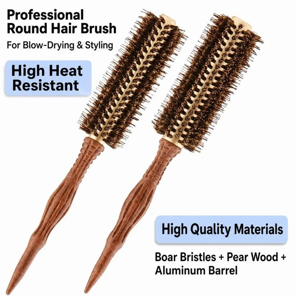 New Professional Boar Bristle Round Brush Anti-Static Wooden Handle Hair Brush Rolling Round Hair Comb Styling Tools