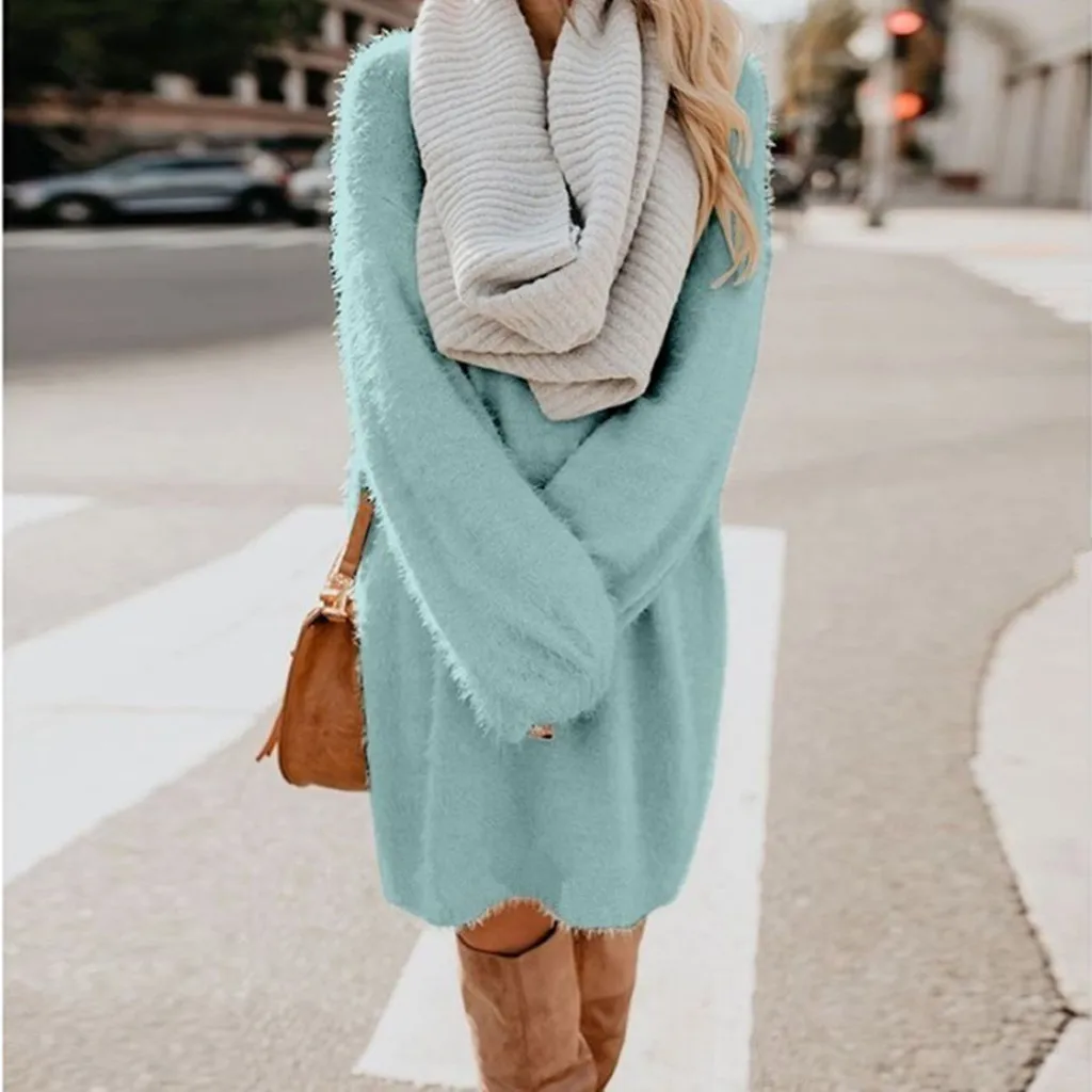 Women Cute Long Sweater Dresses Casual O Neck Solid Knitted Sweater Dresses Soft Cotton Loose Autumn Winter Pullover Sweater