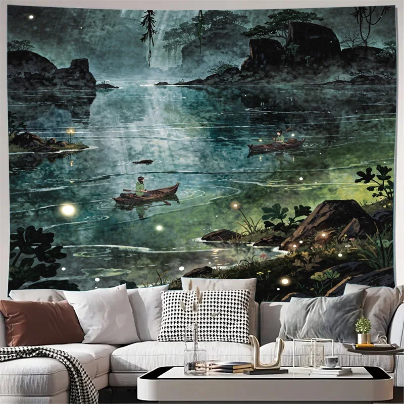 Highly detailed Asian Landscape Tapestry Wall Hanging Mural Decor Print Zen Style Jungle River Mist Artwork for Modern Feng Shui