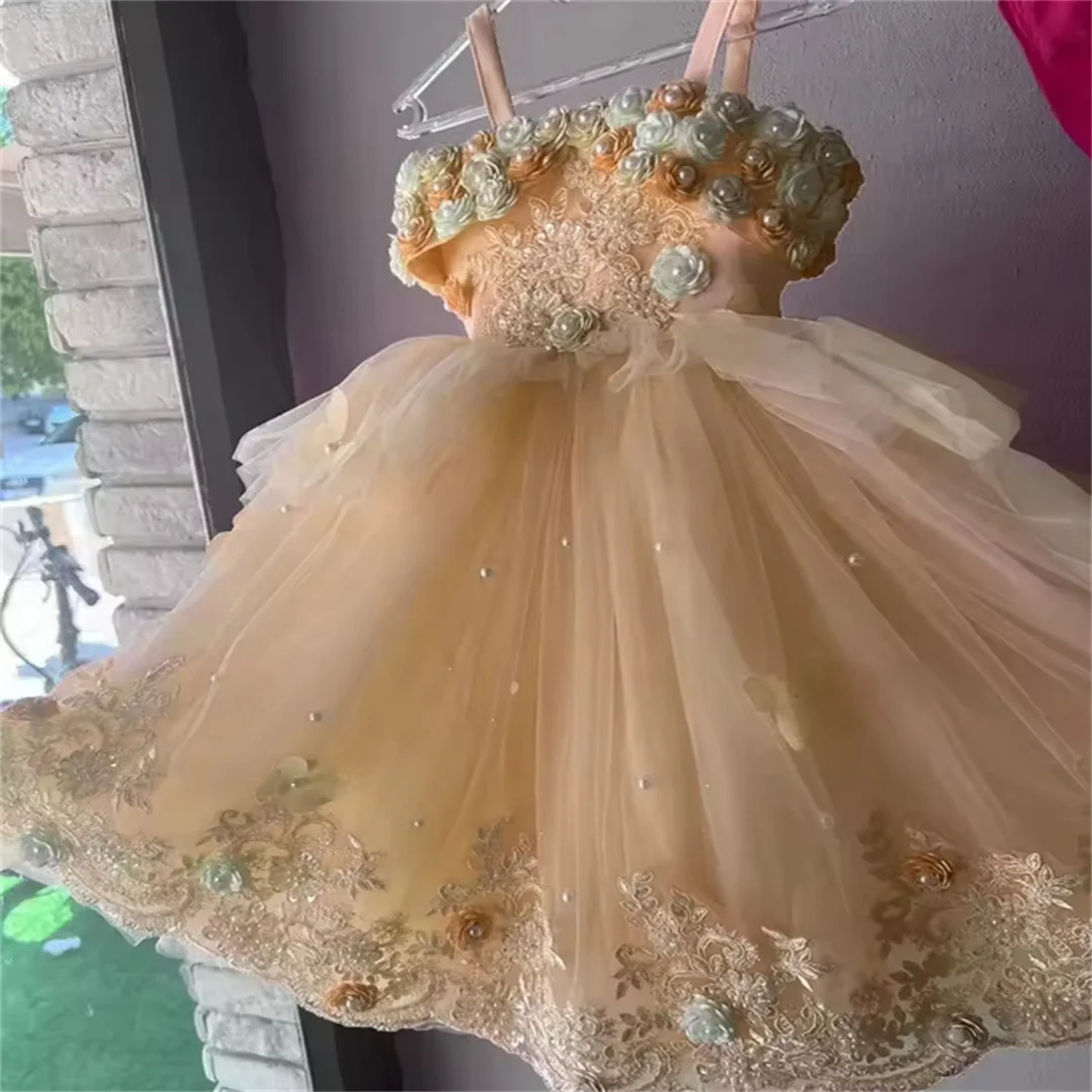 Strap Flower Girl Dresses Custom Pearls Lace Baby Girl Pageant Dress Toddlers Butterflies Infant First Communion Party Gowns