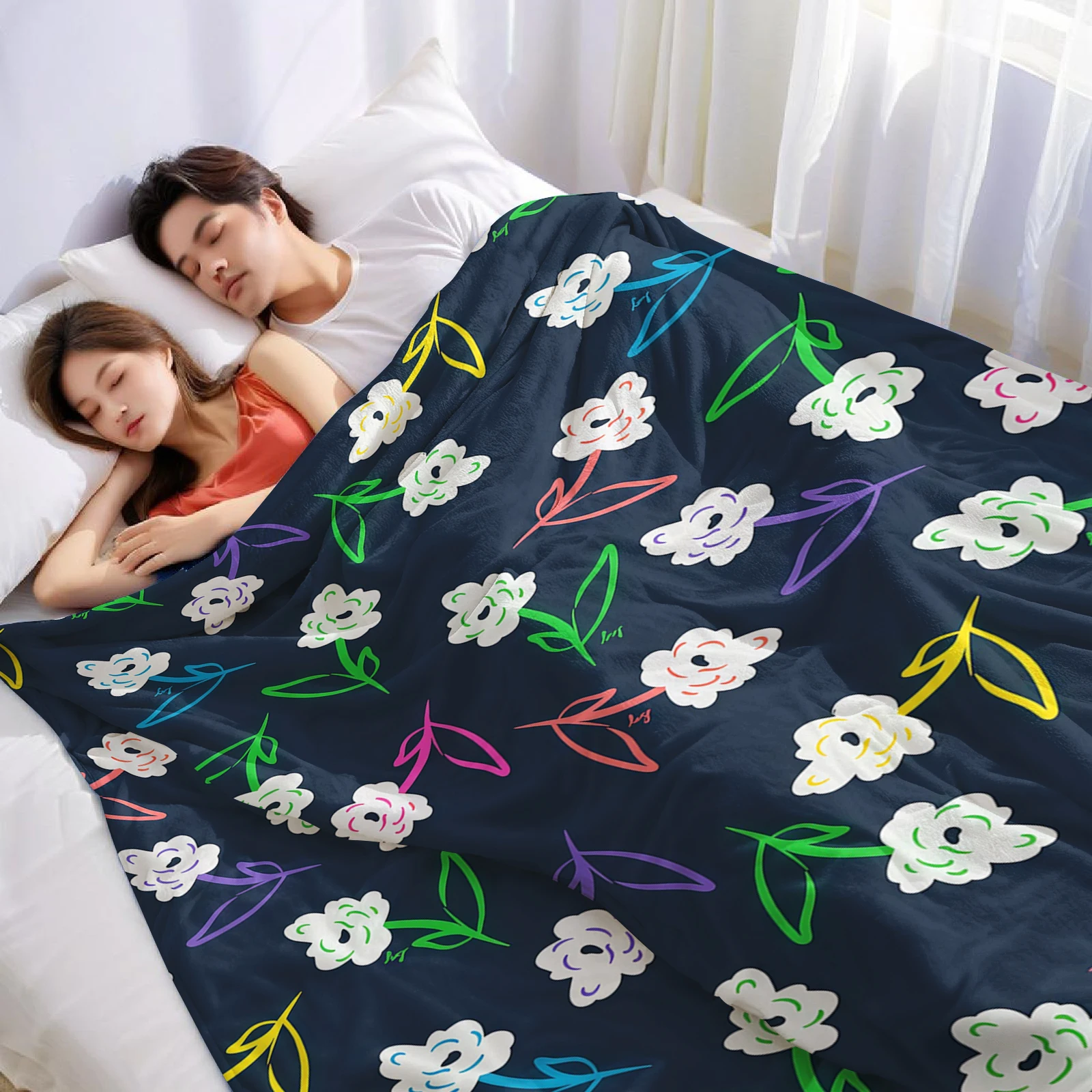 Colorful Sketch Flower Cartoon Anime Print Flannel Blanket Soft Warm Throw for Kids Bedroom Sofa Bed Christmas Office Car