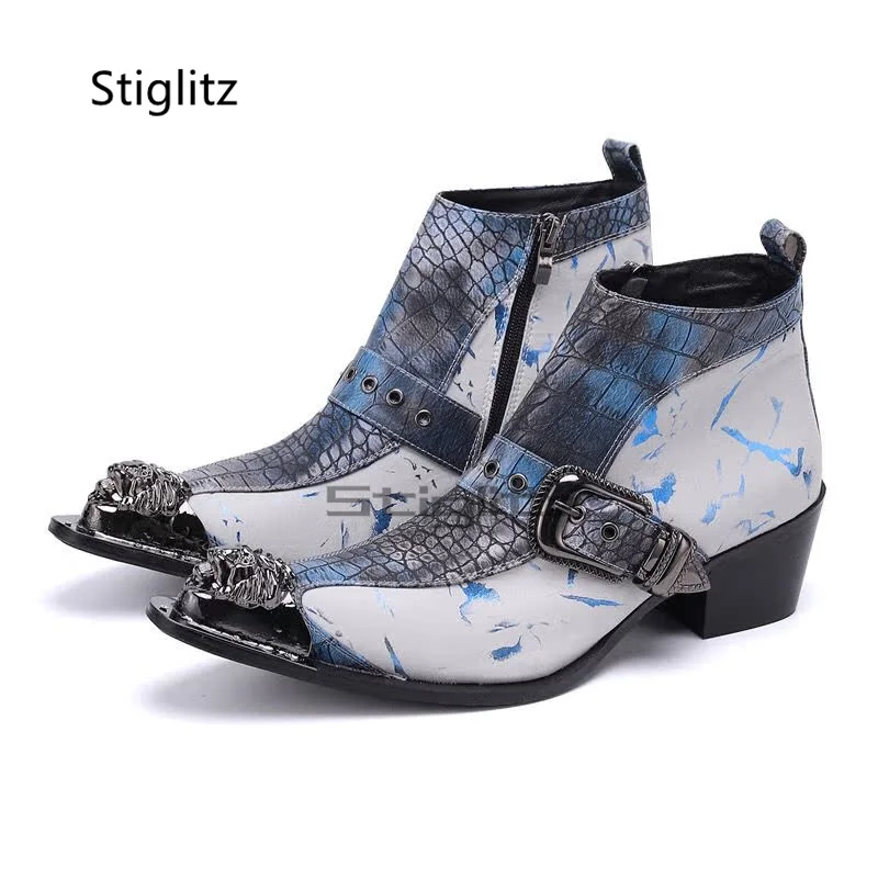 Men's Patchwork High Heels Chelsea Boots Metal Toe Belt Buckle Retro Serpentine Cowhide Ankle Boots Dress Business Shoes