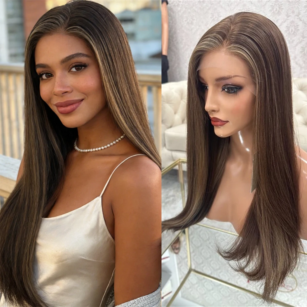 

Natural Brown Wig with Blonde Highlights Women's Luxury Synthetic Hair Straight Wig for Halloween Cosplay Wear&Go Realistic Wig