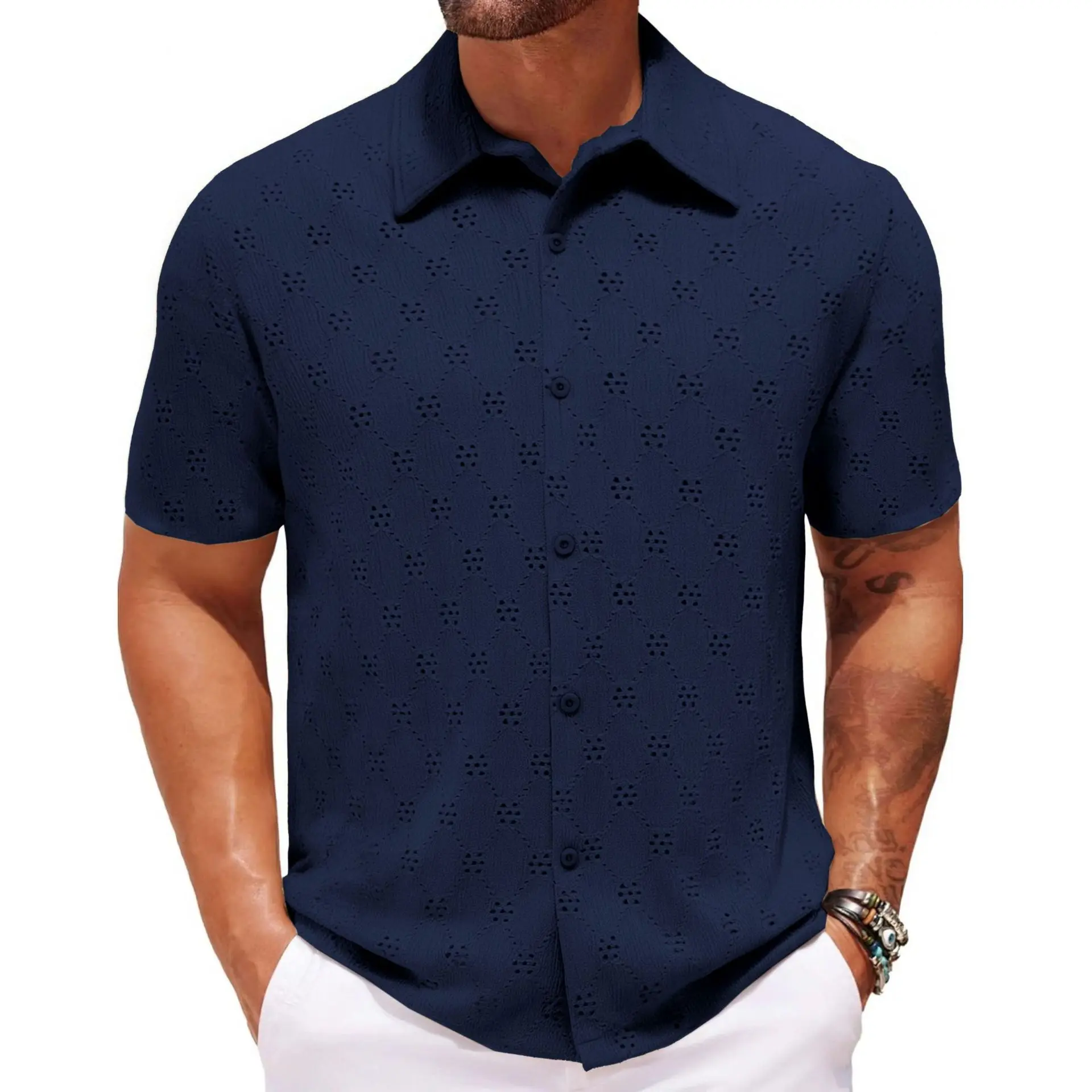 Men Hollow Jacquard Shirt Summer Casual Short Sleeved Lapel Hawaiian Shirts Designer Clothes Men