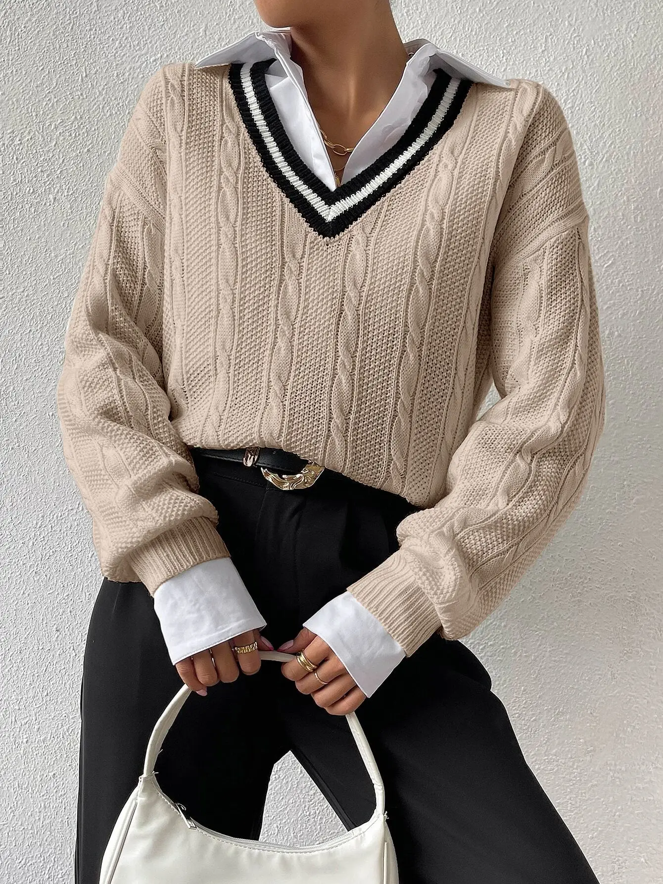 

Women's Casual Striped Trim Oversized Knit Sweater, Long Sleeve Pullover Top, Khaki Color, Spring/Autumn