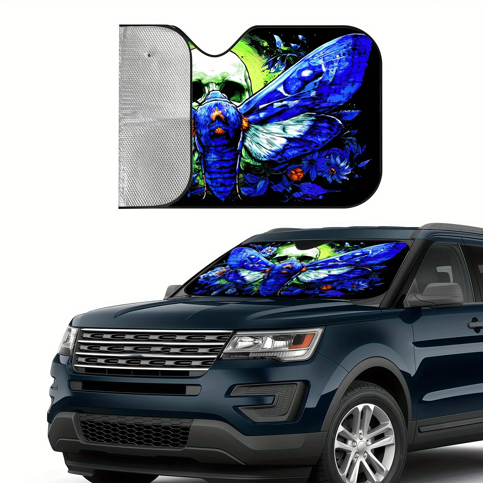 Blue Moth Skull Car Front Windshield Sunshade, Trendy Art Illustration, Heat Insulation And Temperature Control To Maintain A C
