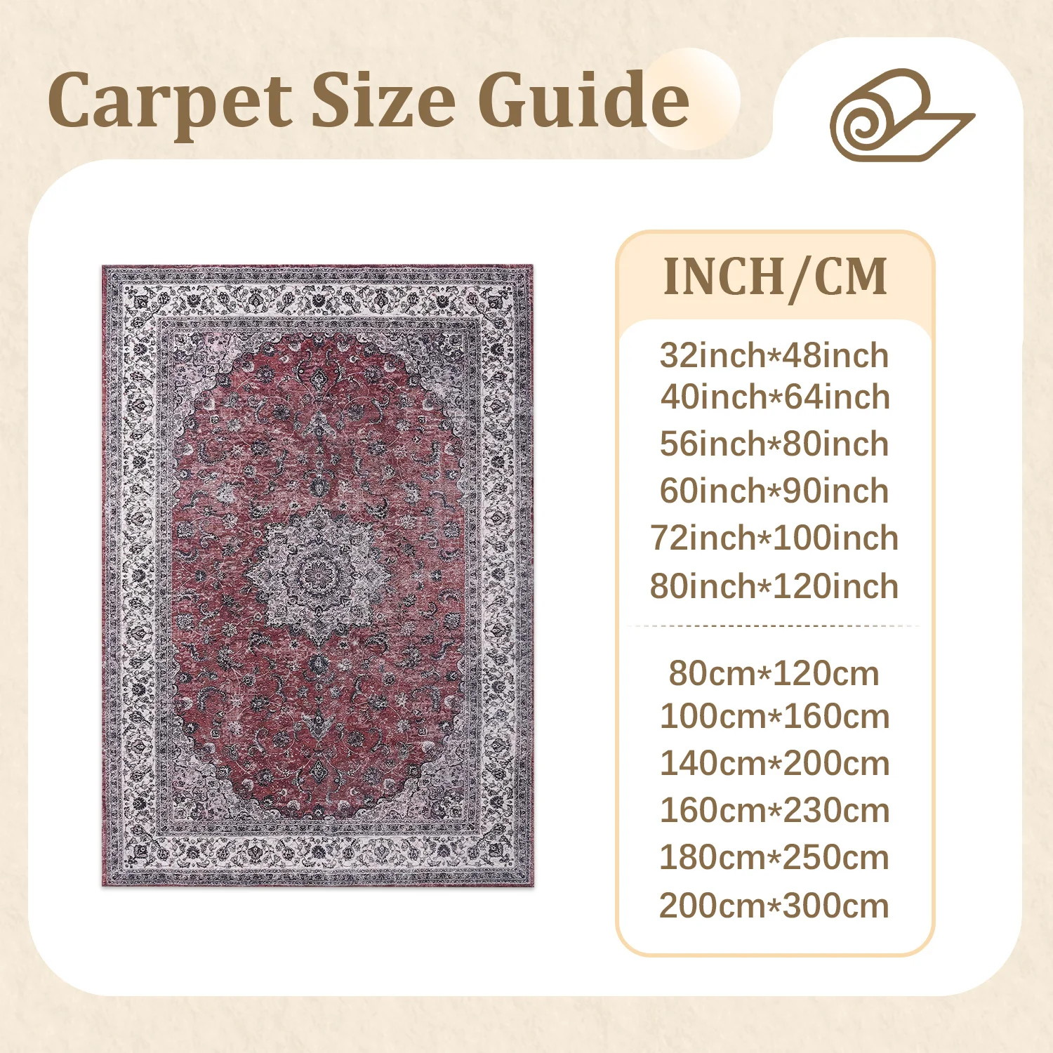 Large Indoor Area Rug, Soft Velvet Low Pile with Non-slip Dotted Backing, Machine Washable Distressed Vintage Red Persian Medallion Rug for Living Room, Bedroom Decor