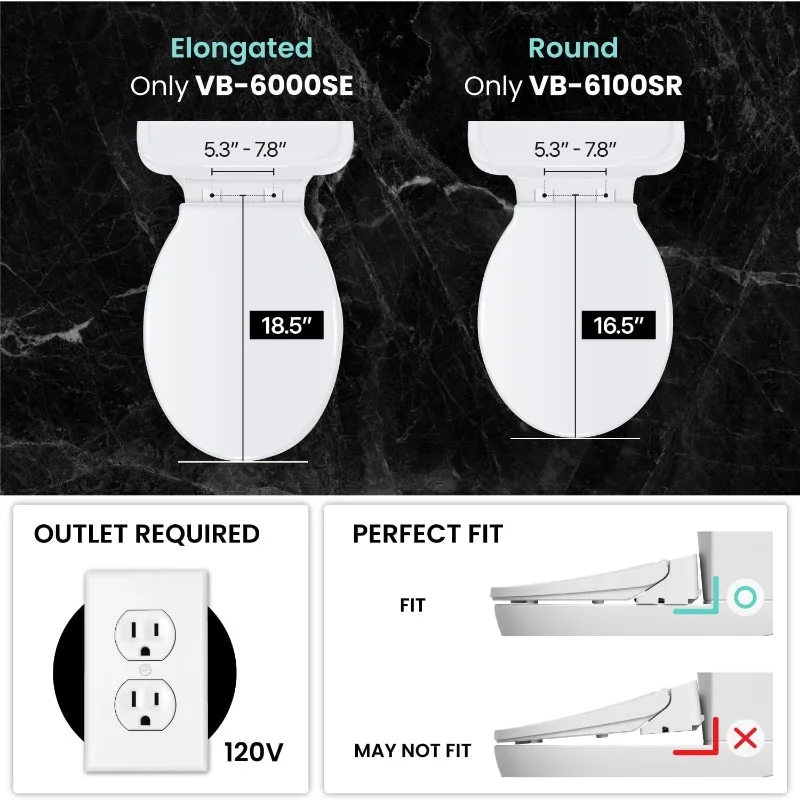 VB-6100SR Round Bidet Toilet Seat, Warm Water, LED Light, Heated Seat, White, Dryer, Stainless Steel Nozzle