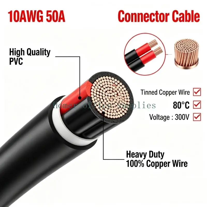 K43B SB50 to Solar Connector Cable with Tinned Metal Conductors and Clear Visible Contrasting Polarity Wire Identification