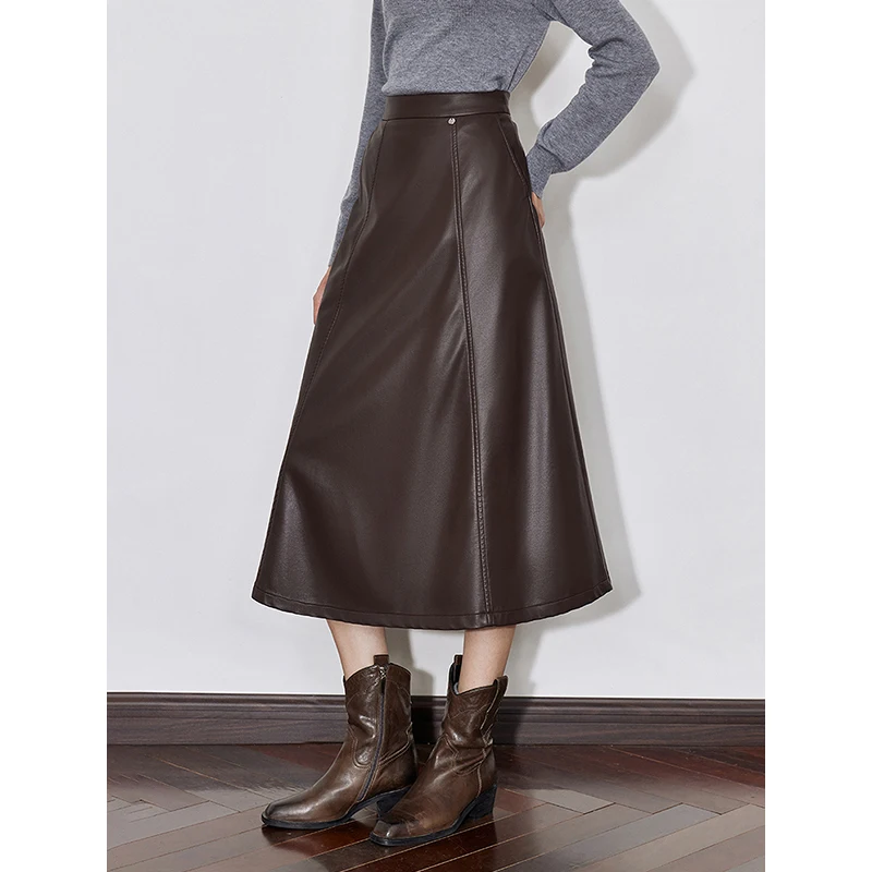 TOYOUTH Female PU leather Skirt 2024 Autumn New High Elastic Waisted A Line Mid Length Skirt