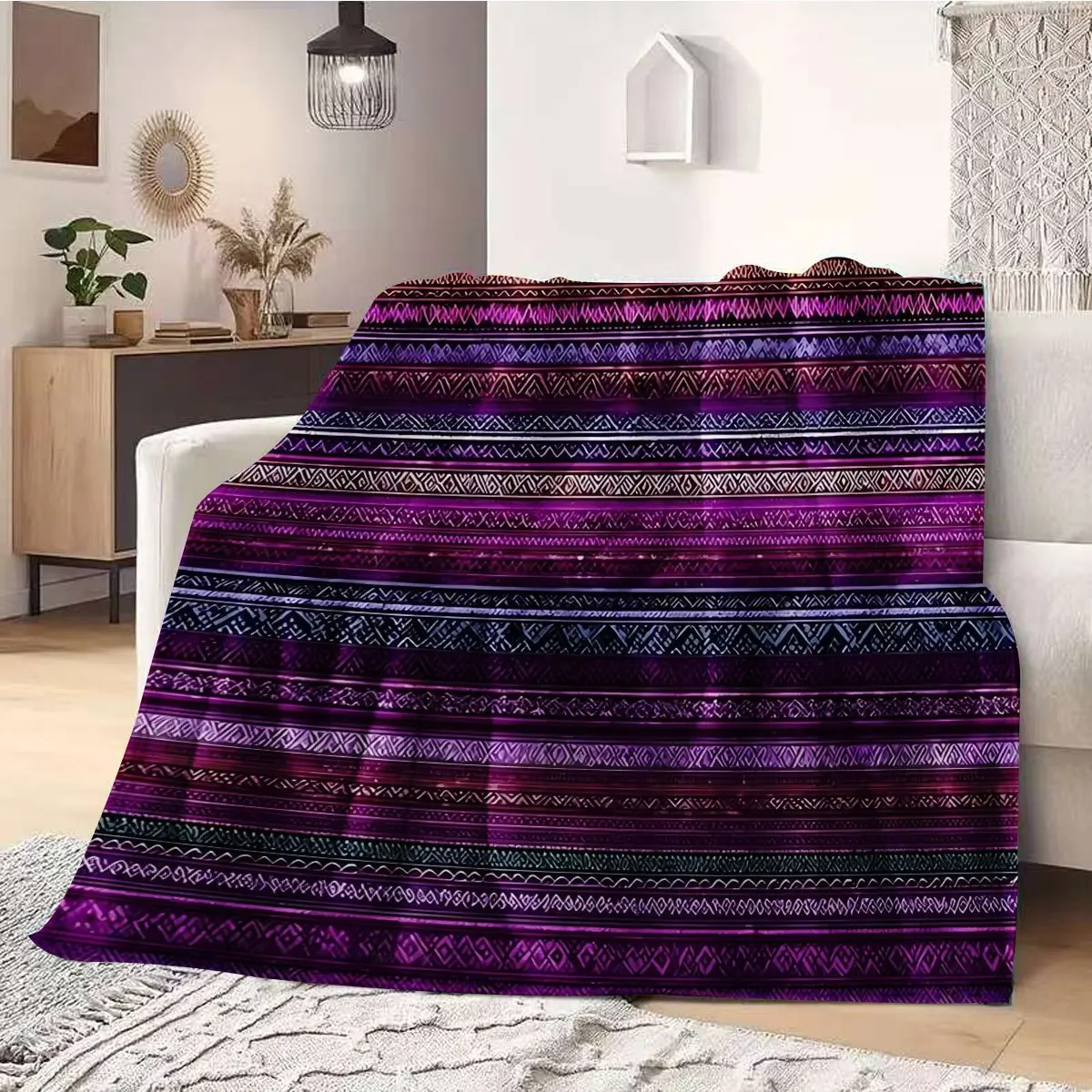 2D Flat Printing, 1pc Bohemian Ethnic Style Throw Blanket, Printed with Purple Geometric Stripes And Vintage Patterns, Nap Blank