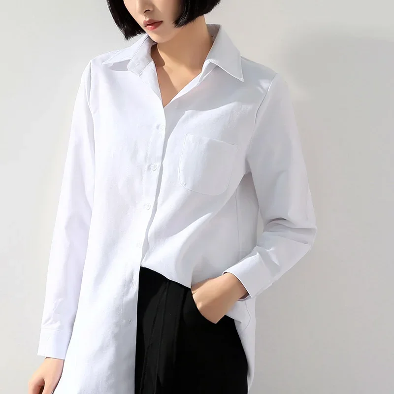 Women Blouses Plus Size Tops Curved Hem Linen Cotton Shirts Female Turn Down Collar Lapel Pocket Loose Oversize White Shirt