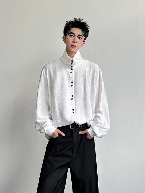 

ex Multi-Button Drapey Stand Collar irt Loose Fit Polyester Spring Youth Faion Long Sve Pure Color Button up Frenc...