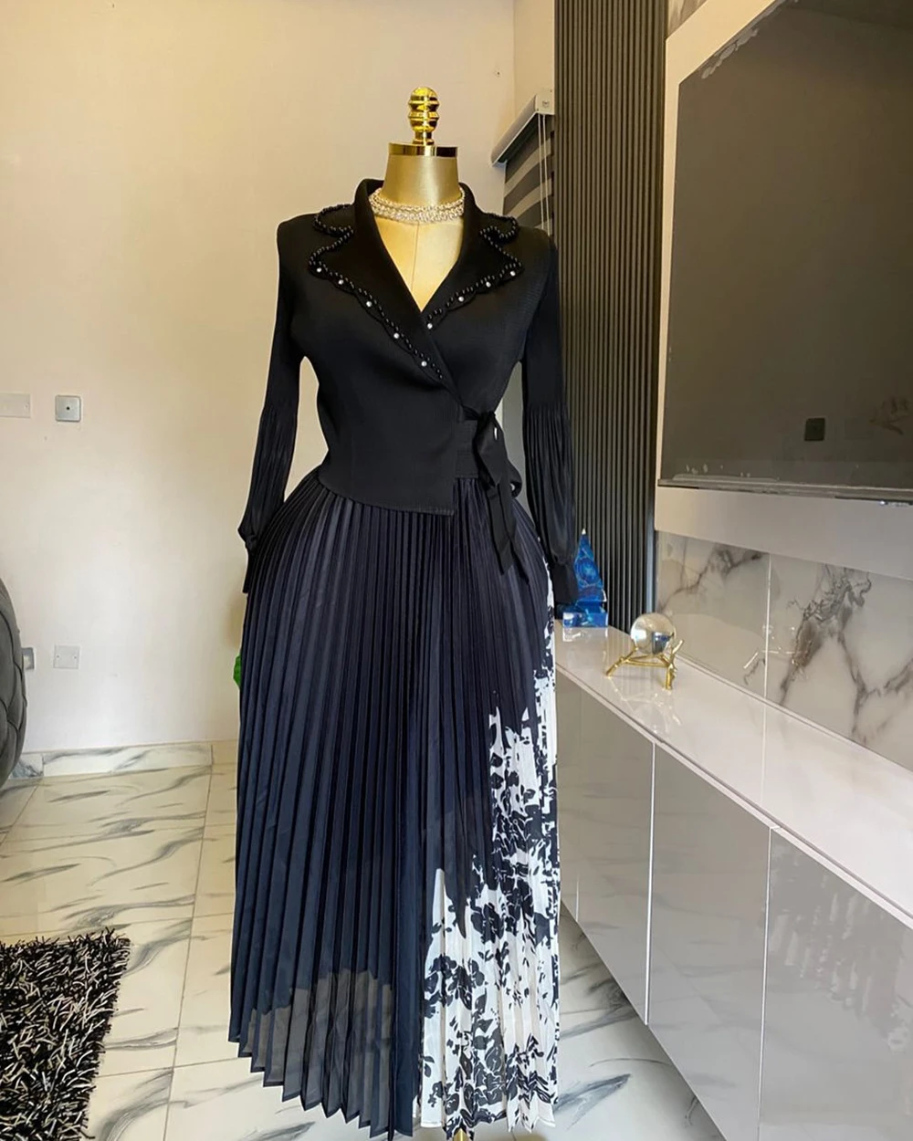 Plus size women's two-piece pleated printed dress Spring and autumn high-end pleated skirt-GZXX979