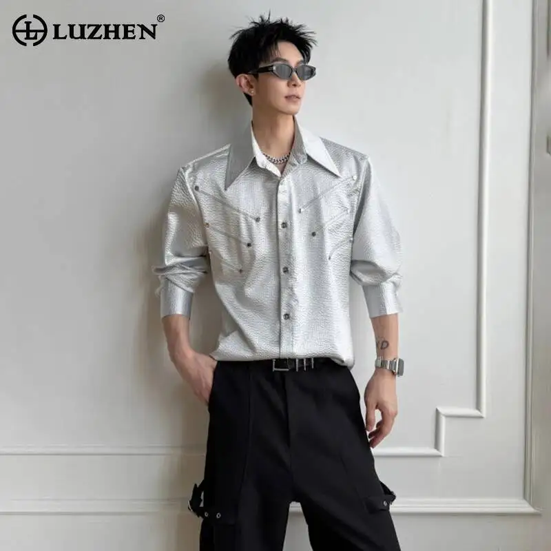 LUZHEN 2026 Spring New Stripe Patchwork Rivet Metal Decorate Long Sleeve Shirt Men's Fashion Elegant Handsome Korean Tops JY7650