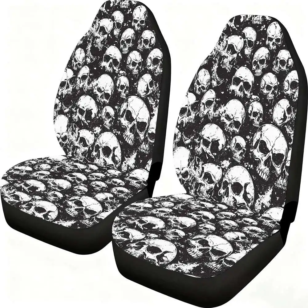 

2pcs Gothic Skull Car Seat Covers - High-Back Design, & Skull Pattern, Durable Polyester, Fit For Cars, SUVs, Trucks, Women'S Ac