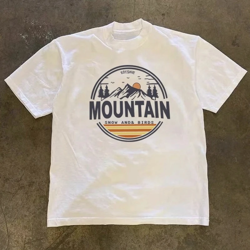 Camiseta de Algodão Estampada com Padrão de Moda de Verão, Letras Antigas Americanas Ice Mountain, Vestido Solto para Casal Masculino e Feminino