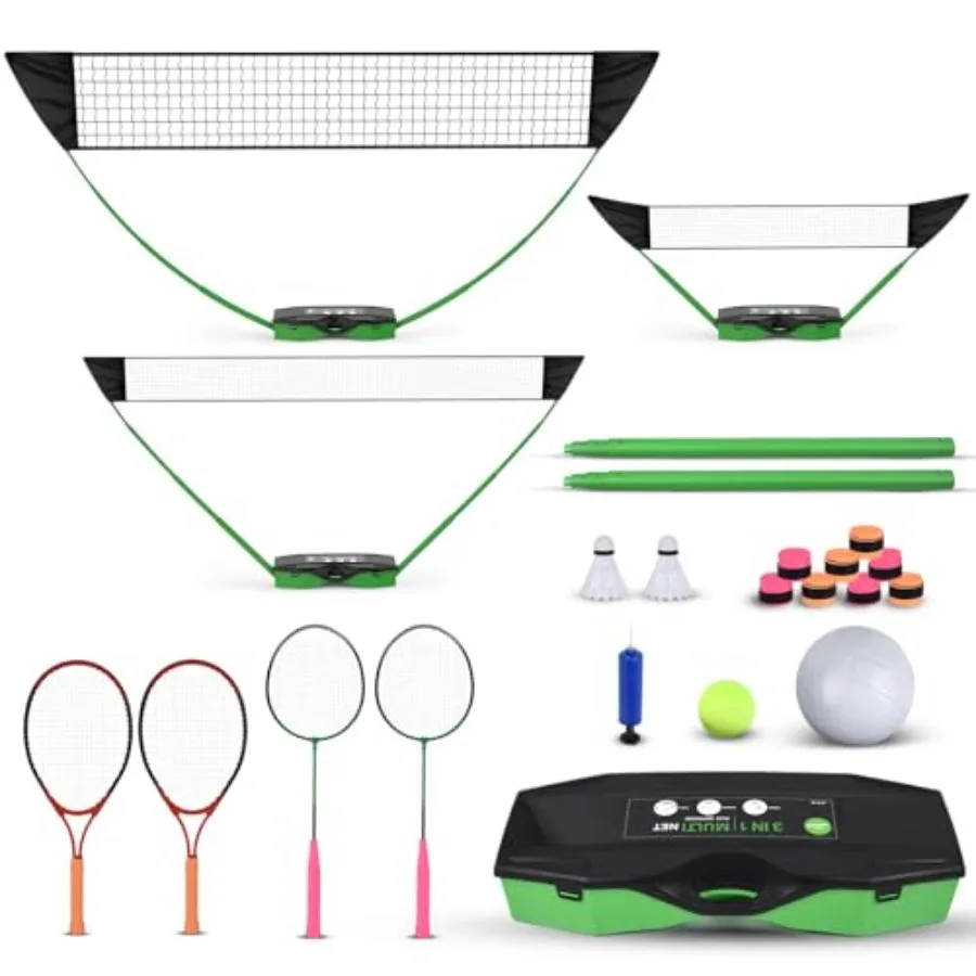 

3-in-1 Sports Set with Storage Base for Outdoor Use on Grass Beach or Backyard Gatherings with Friends Includes Badminton Volle