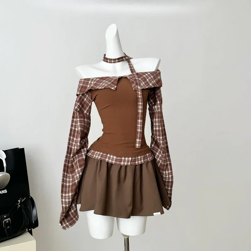 IMU Autume Gothic Vintage Elegant 2 Piece Sets Women Y2k Slash Neck Design Blouse + Chic Skirt Female Plaid Korean Popular Cloth
