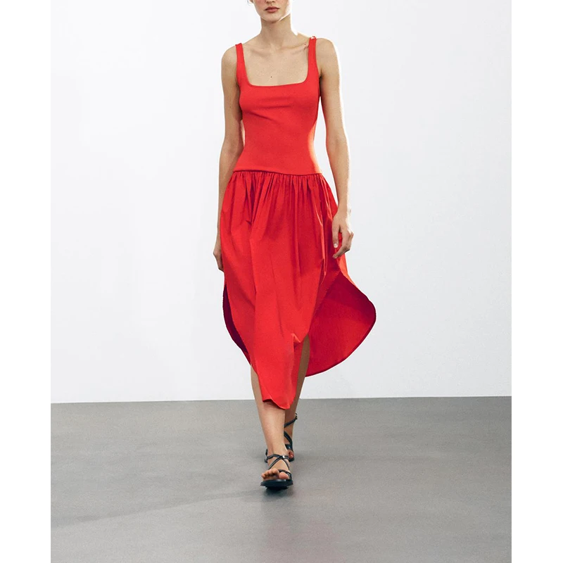 Spring Summer New Women's round Hem Splice Wide oulder Strap Square Collar Midi Dr High Waist A-Line Skirt Long Dr