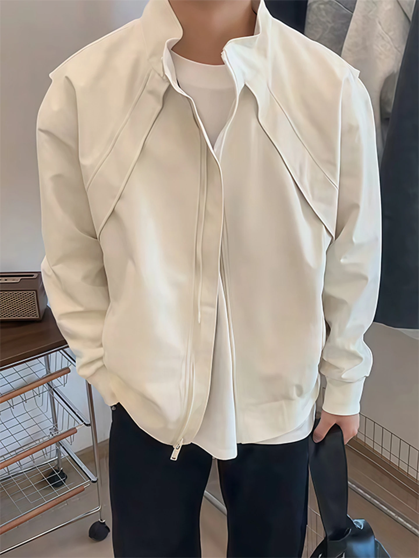 

Men's ort Stand Collar Jaet Deconstructed Patchwork Soft ell Tee-Proof Spring Autumn American Sle Commute Outerwear