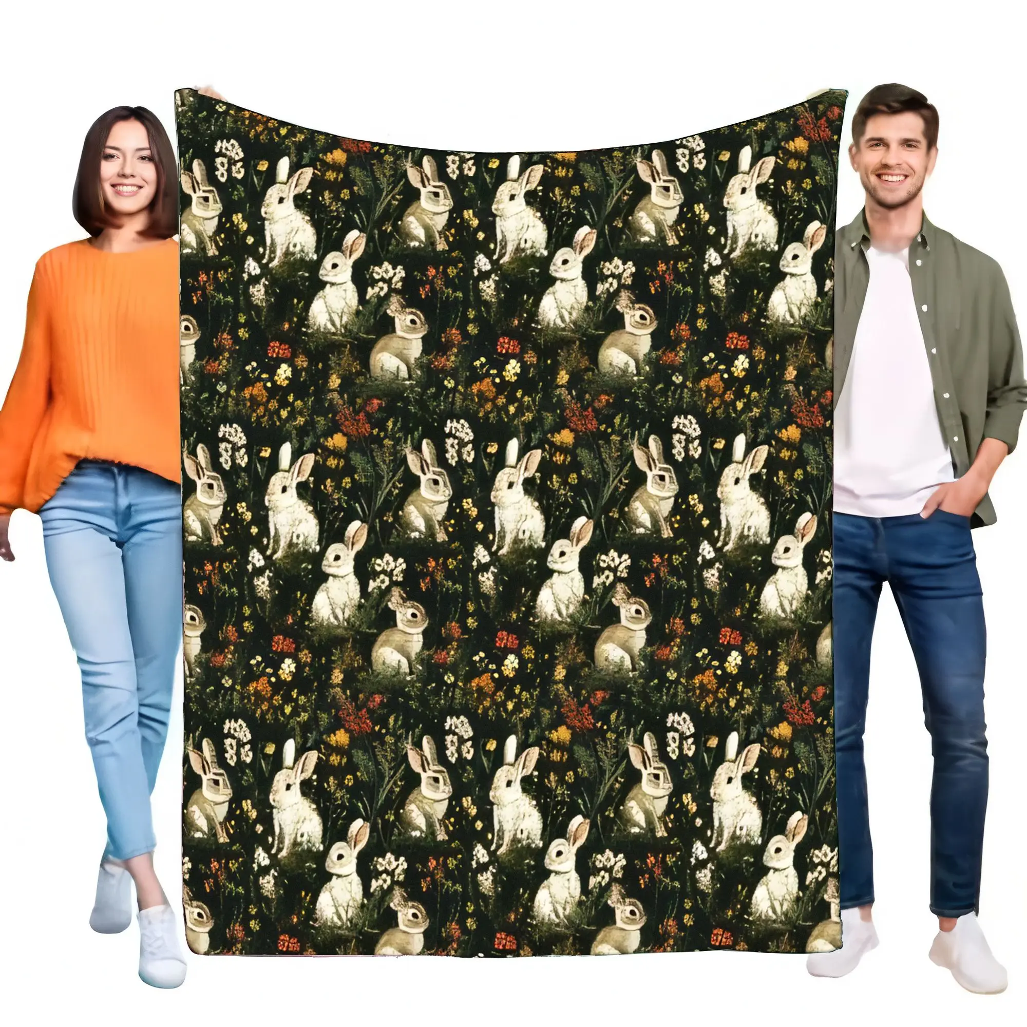 Whimsical Wild Rabbit & Floral Blanket - Ultra Soft Cozy Fleece Throw for Bed Sofa, Unique Home Decor, Easter & Nature Lover Gif