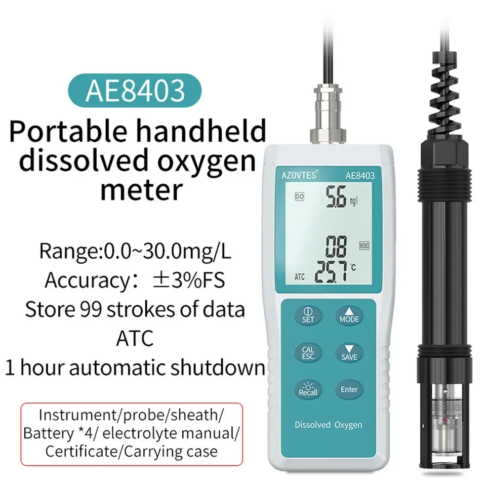 Digital Portable Dissolved Oxygen Meter AE8403 for Aquaculture Range 0.0~30.0mg/L Available in White/Teal/Black