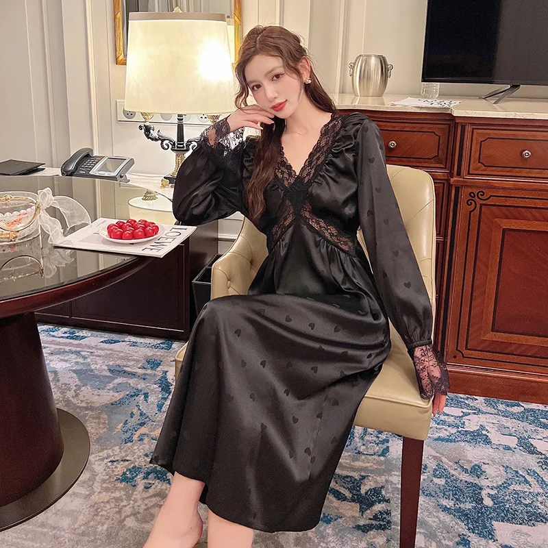 Women Sweet Long Sleeve Nightdress Sexy Patchwork Lace V-neck Nightgown Sleepwear French Court Style Satin Home Dress Loungewear