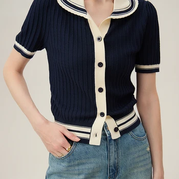 FSLE 대학 스타일 대비 폴로 칼라 니트 가디건, 여성 니트웨어, 2024 여름 신상, 블랙 여성 캐주얼 루즈 탑, 24FS12115 