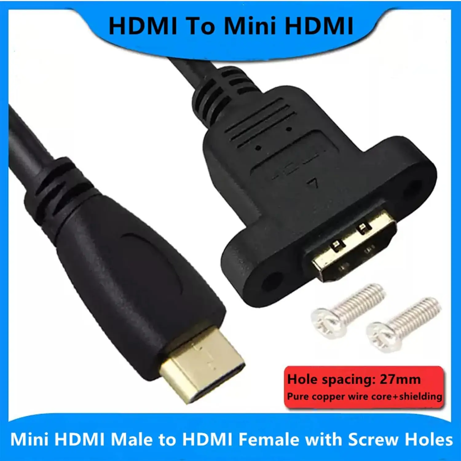 Panel Mount HDMI Female to Mini Male HDMI Gold-Plated Interface Handheld Digital Camera Extension Cable with Fixed Screw Hole