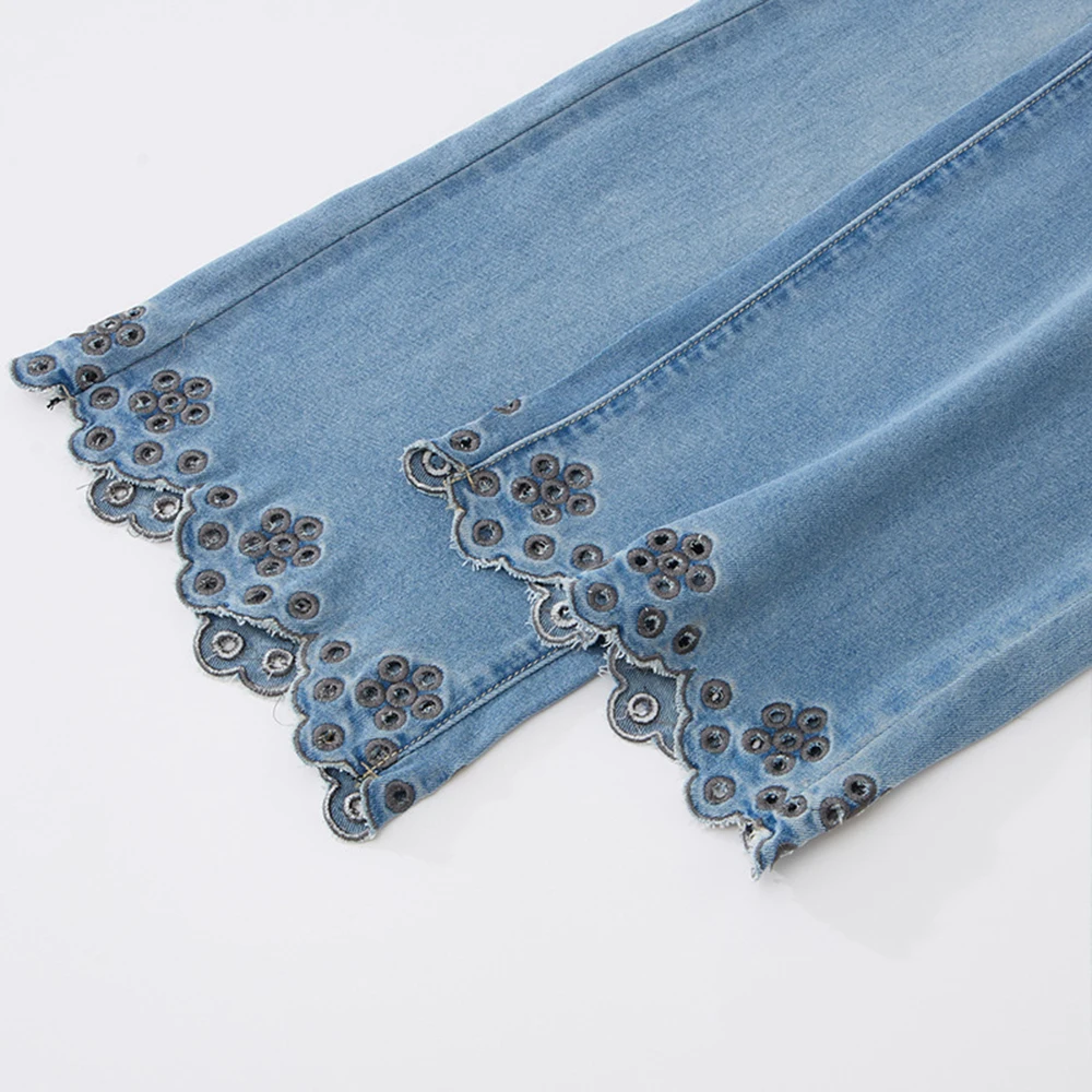 Damskie spodnie jeansowe z ażurowego jedwabiu lodowego, haftowane, letnie, jesienne, o długości 7/8, proste, z szerokimi nogawkami, z wysokim stanem, codzienne spodnie.