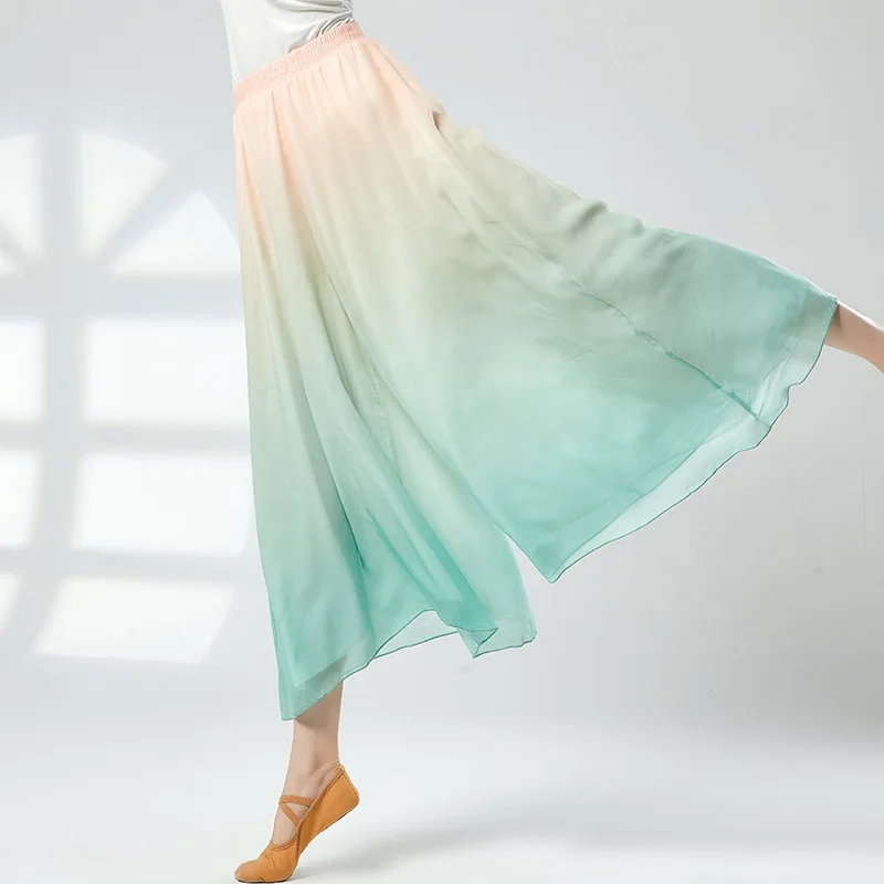 2025, neue klassische Tanzhose für Damen, Chiffon, fließend, weites Bein, Farbverlauf, Ethno-Stil, Tanz-Übungs-Performance-Hose