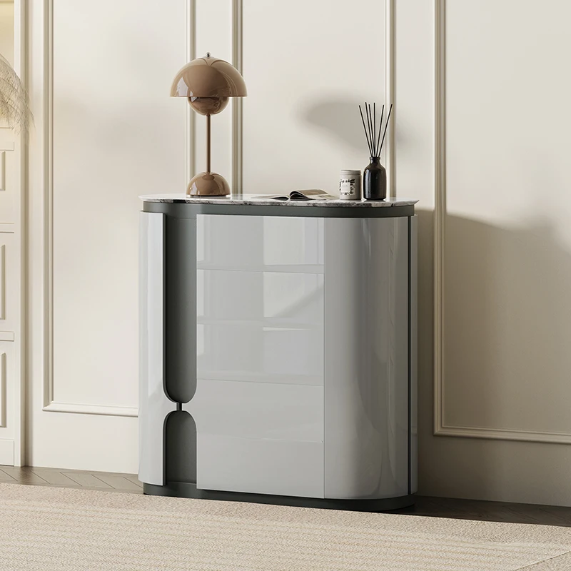 

01Modern living room natural marble chest cabinet light luxury simple light gray paint storage cabinet