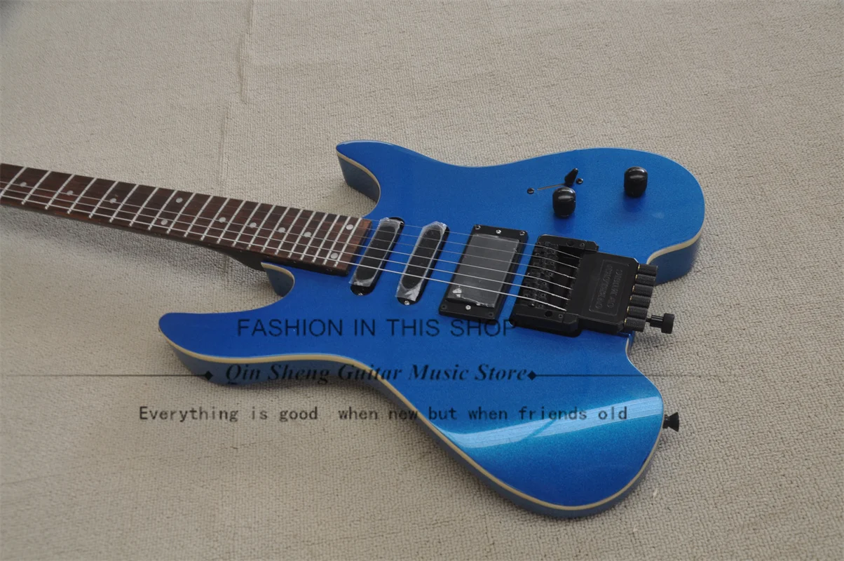 Headless Guitar Metal Blue Guitar SSH Pickups Basswood Body White Binding Black Neck 24 Frets