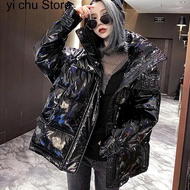 New Fashion Hooded Glossy Winter Down Cotton Padded Outerwear Women Warm Thick Warm Bright Black Shiny Parka Cotton Jacket