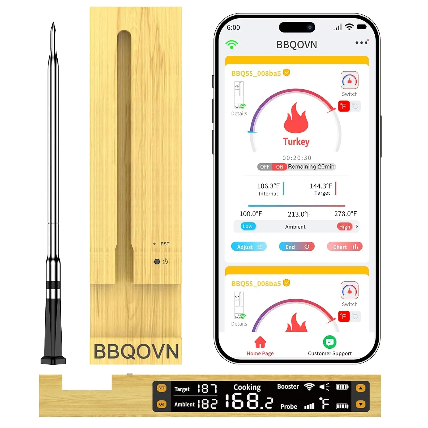 

Wireless Meat Thermometer with WiFi, Unlimited Range, 7 Sensors for BBQ Grill Oven Smoker Air Fryer
