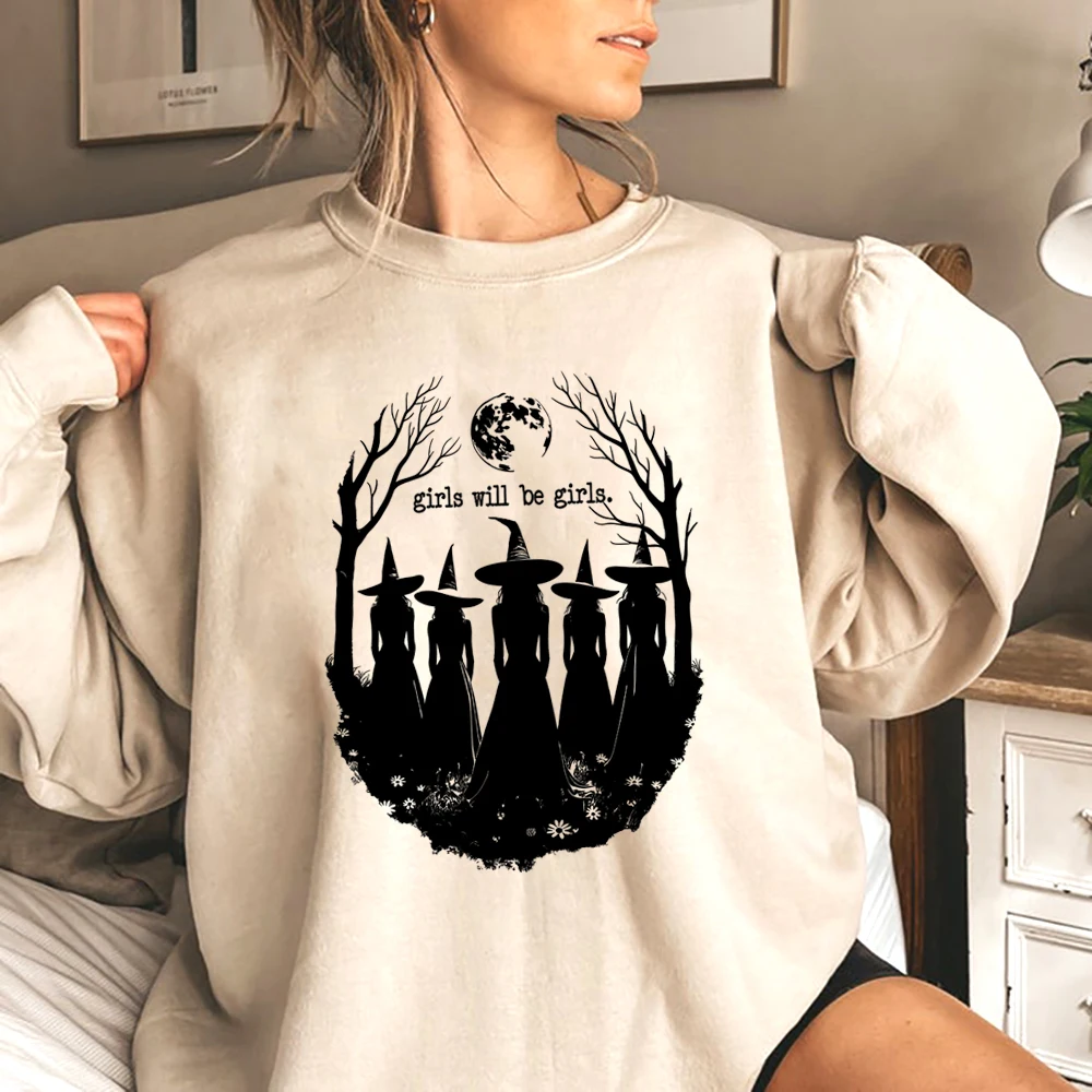 Girls Will Be Girls Sweatshirt Witchy Feminist Hoodie Aesthetic Moon Magic Forest Shirt Witch Pullover Long Sleeves Sweatshirts