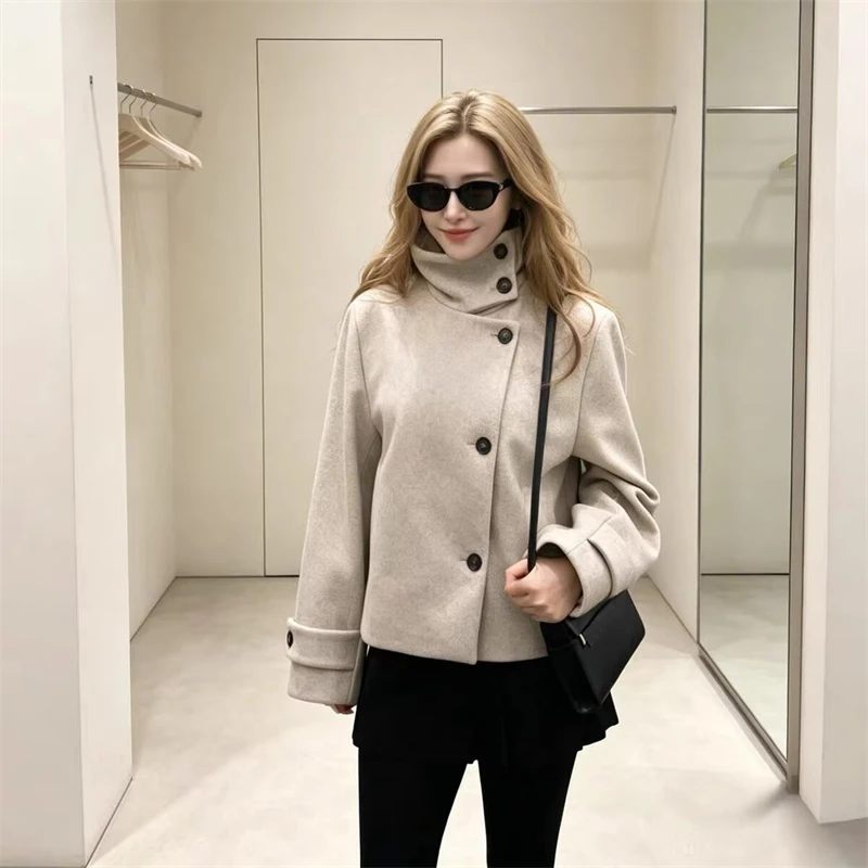 Women's Autumn and Winter Stand Collar Wool Coat Single-Breasted Loose Long Sleeve Coat for Fall and Winter Elegant Short Jacket