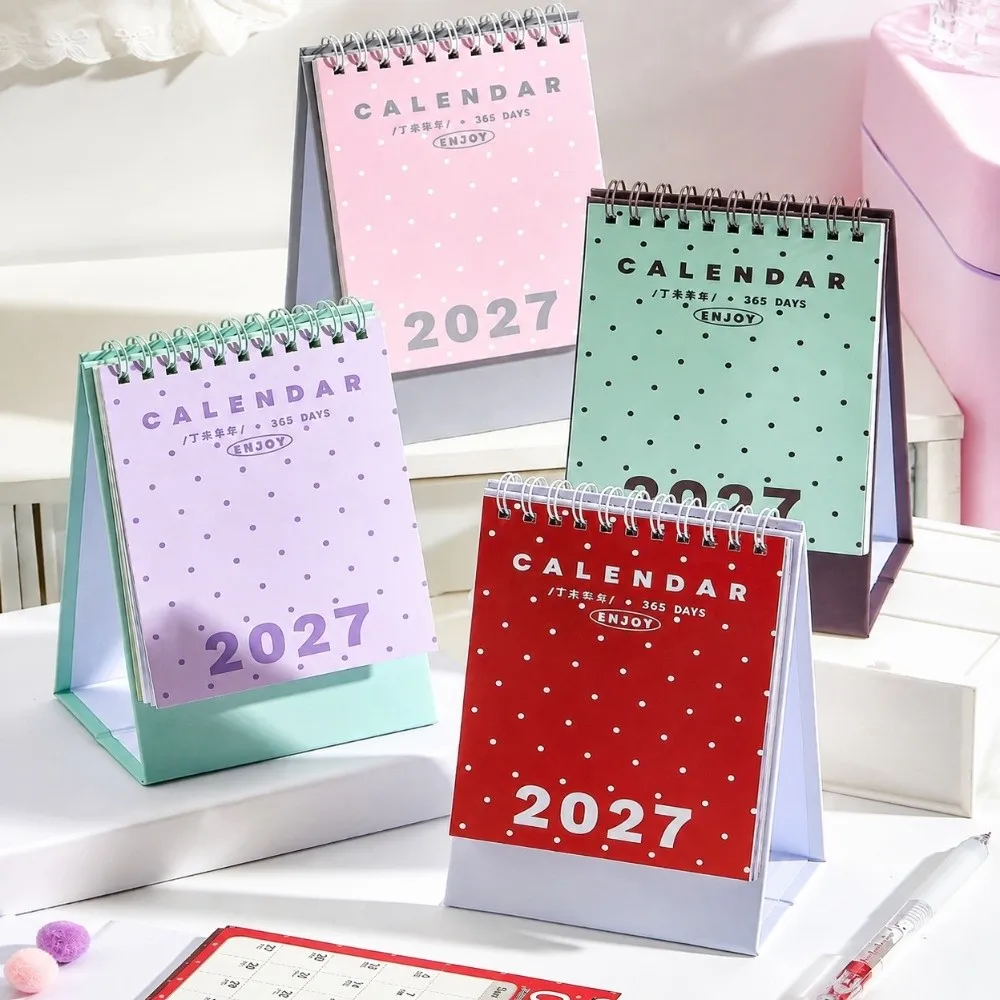Practical Polka Dot Print Desk Calendar Wire Binding Stand Up Design 2027 Calendar With Stickers Stand Up Calendar For Students