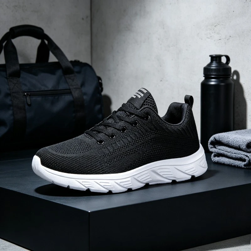 Men Breathable Knit Sneakers White Thick Sole Lace Up Lightweight Running Shoes Non Slip Soft Casual Sports Footwear for Gym view 4