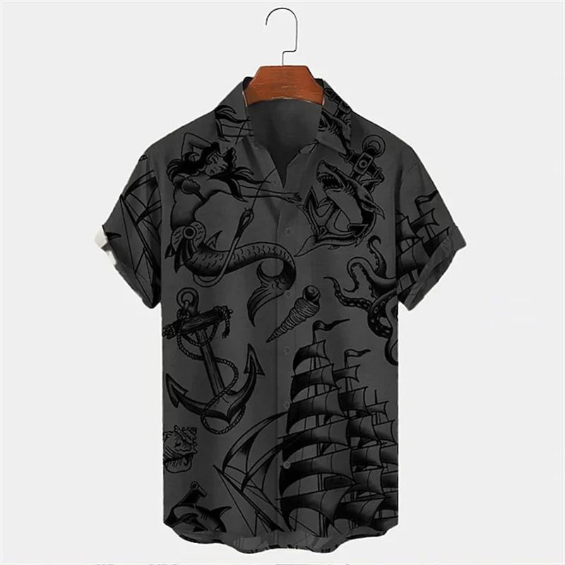 Men's Vintage Mermaid Boat Anchor Print Button Shirts Summer Ocean Element Shirts Men's Hawaiian Leisure Shirts Five Colors