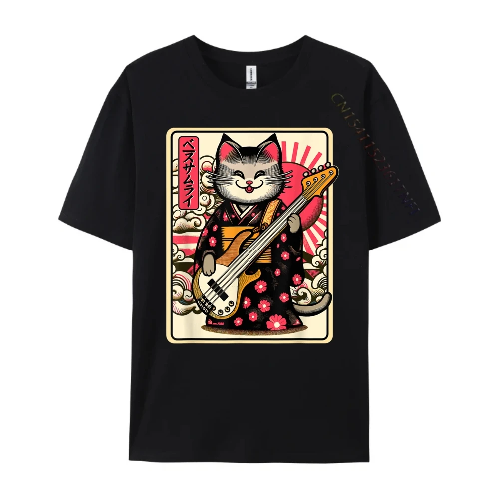 

Japanese Bushi Cat Playing The Bass Graphic T Shirts 100% Cotton New In Tops And T-Shirts Man Tops Tees