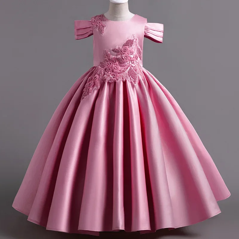 Solid Children Girls Off Shoulder Dress Flower Design Noble Fashion Princess Dresses for Kids Girl Birthday Fancy Summer Gown