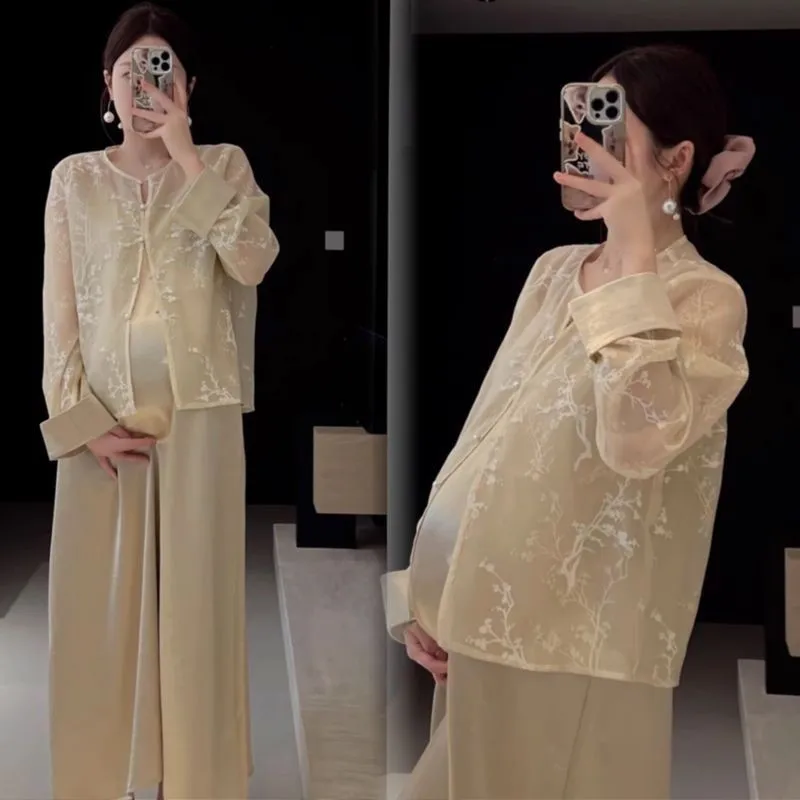 

Summer Thin New Arrival Chinese Pregnant Women's Clothing Set Fashion Maternity Light Luxury Dress Top 2-Piece Set LI136