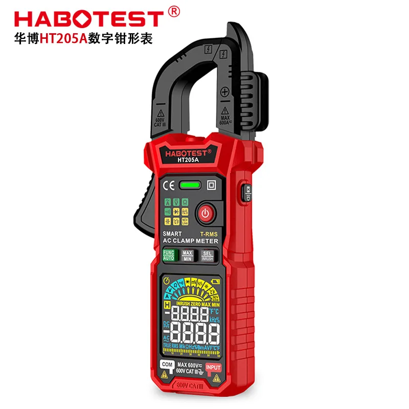 HABOTEST HT205 Inrush Clamp Meter 600A True RMS AC/DC Current Amp Meter Measures Current Voltage Temperature Capacitance Tester