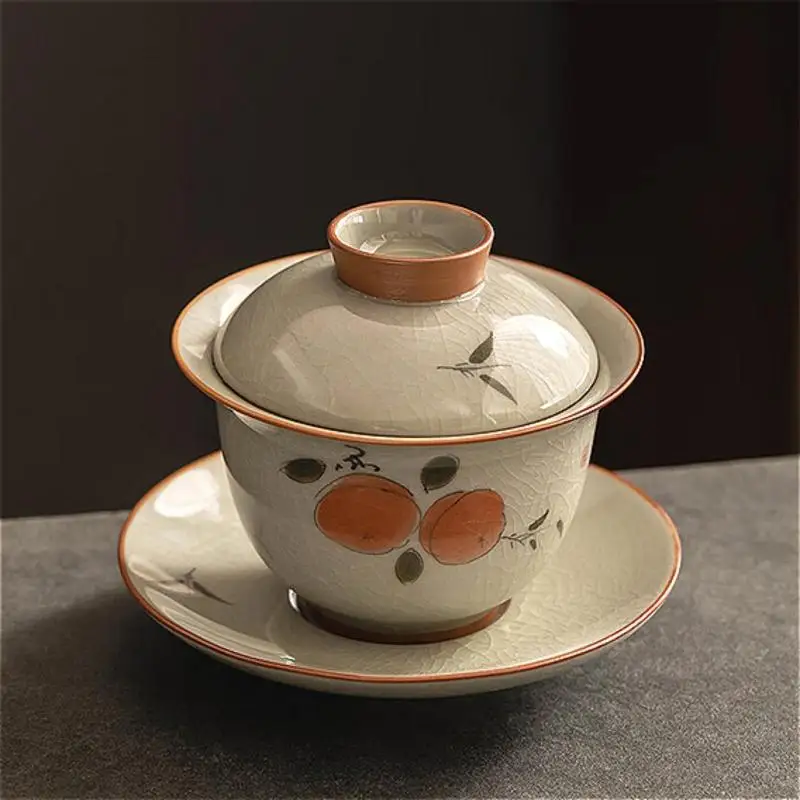 140ml Crackled Glaze Gaiwan - Ceramic Persimmon Motif Tea Bowl, Exquisite Kungfu Tea Set Tea Ceremony Brewing Craft