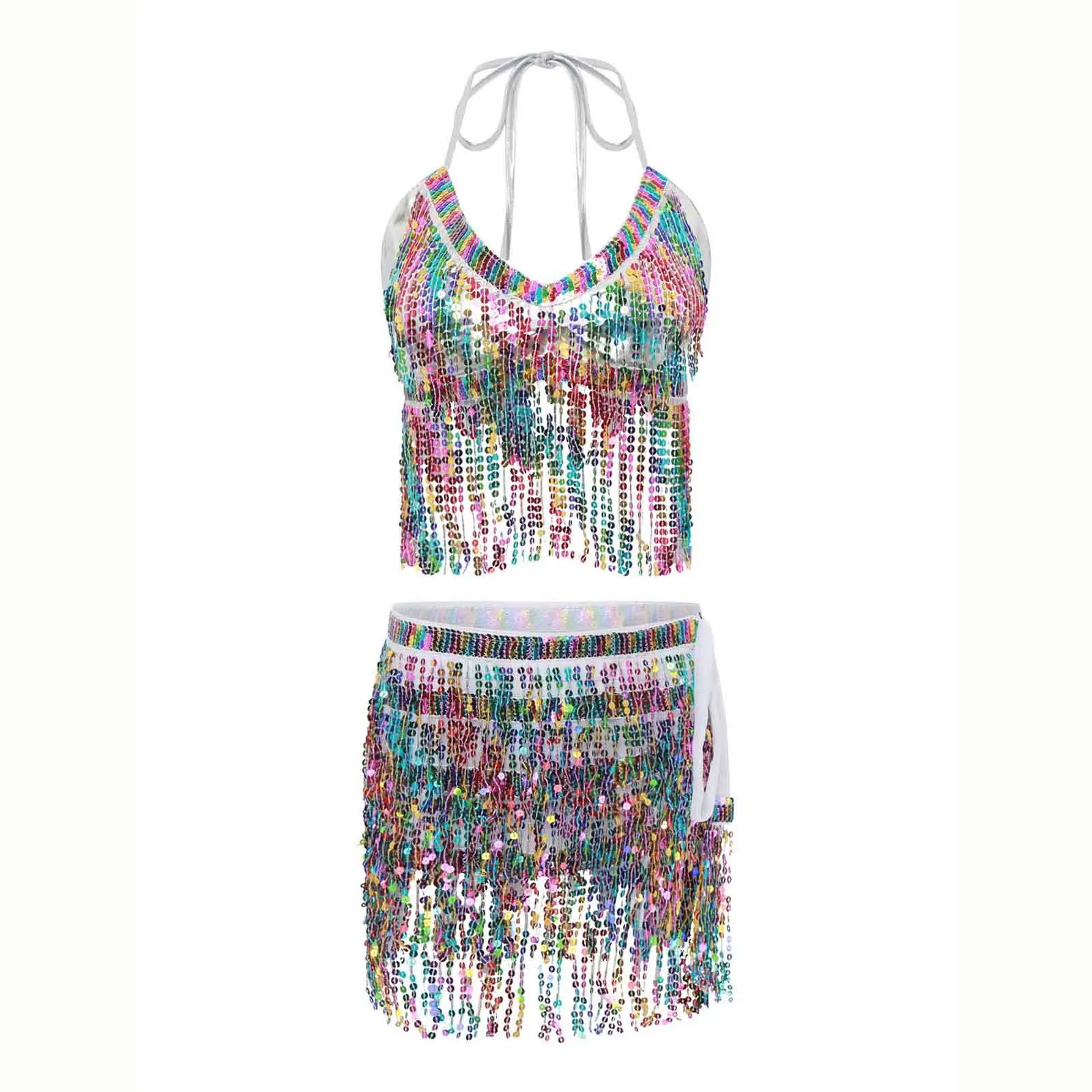 Vrouwen Buikdans Outfit Sprankelende Halter Bh Tops met Hippe Sjaal Set voor Buik Kwasten Bling Bling Dansvoorstelling Kostuum
