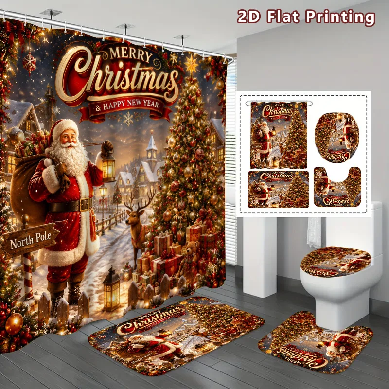 4pc 2D Flat Christmas Shower Curtain Set, Santa & Gift Tree Print, Red Gold Design, Mats & Toilet Cover, Home Bathroom Decor