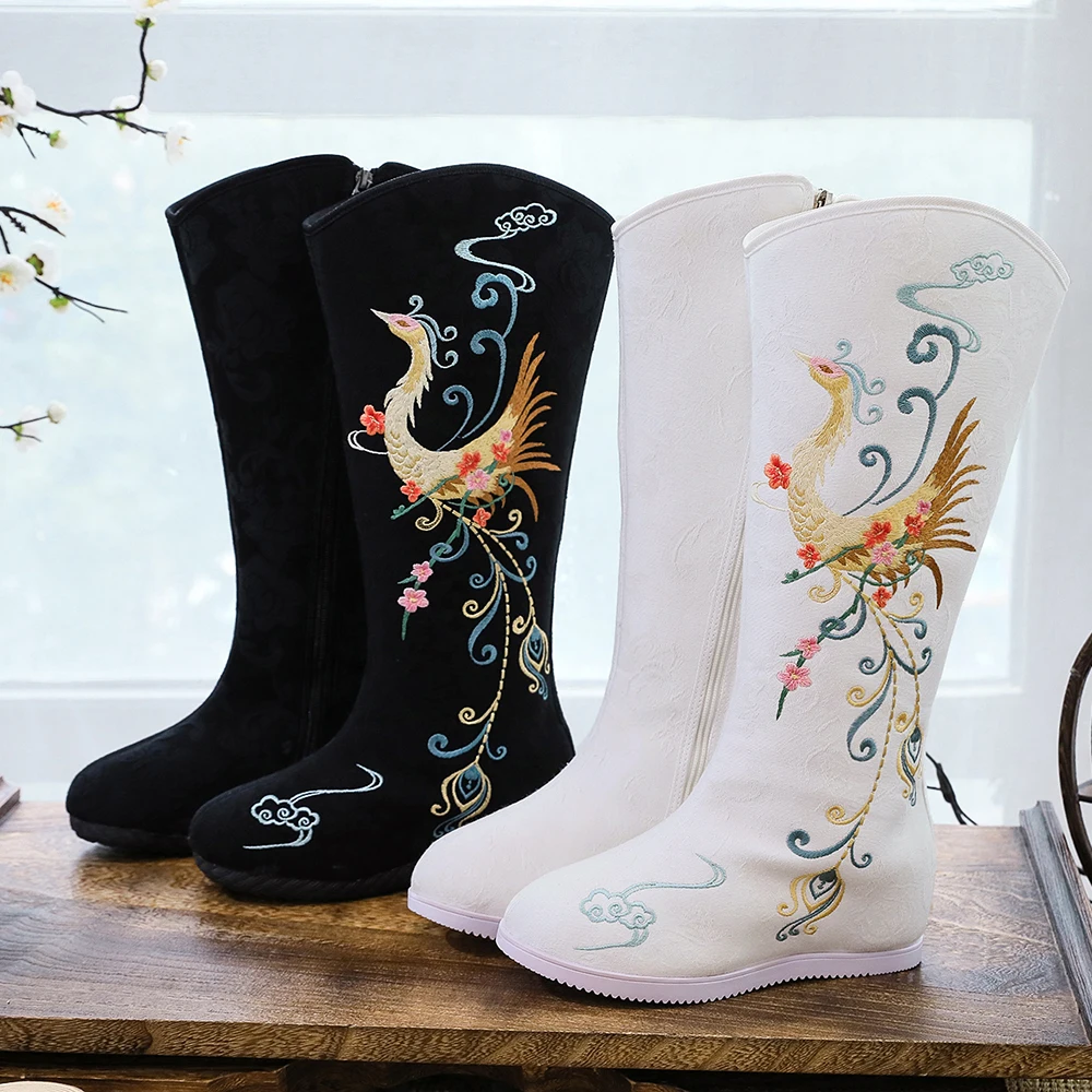 Veowalk 6cm Inside Wedge High Heel Winter Women Cotton Warm Lining Mid-Calf Long Boots Chinese Embroidered Shoes Black White