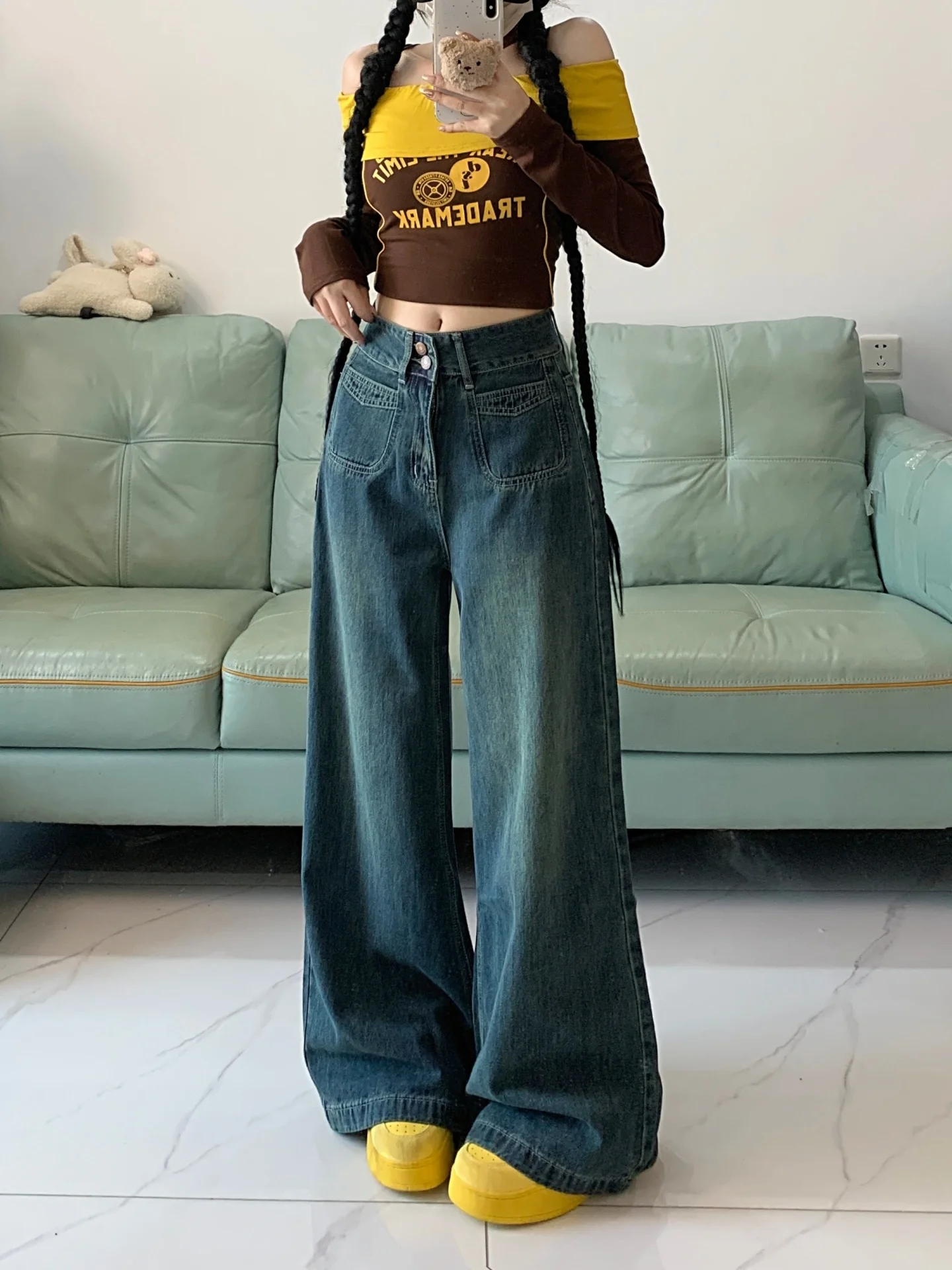 بالإضافة إلى حجم Fce اصطف ثي الدينيم السراويل النسائية الخريف الشتاء فضفاضة عالية الخصر ضئيلة مستقيم واسعة الساق الجينز ل الكمثرى aped...